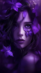 Violet toned digital portrait of woman with purple leaves.
