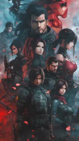 Armed tactical group in stylized red and blue digital poster.