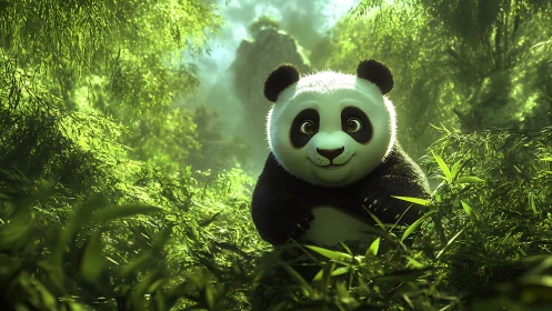 Cute cartoon panda resting in lush sunlit bamboo forest.