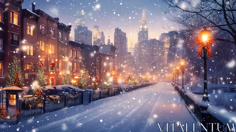 Snowy city street glowing with cozy holiday lights at dusk.