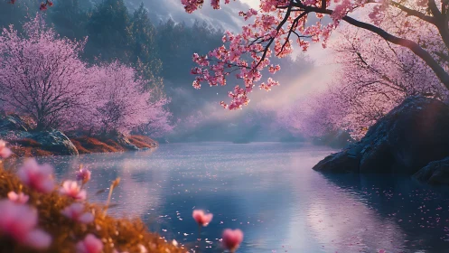 Petal-laden river hushes the dawn with soft pastel light