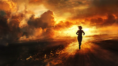 Silhouette runner crossing blazing sunset horizon sky.