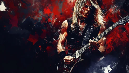 Electric guitarist in intense red and black abstract stage