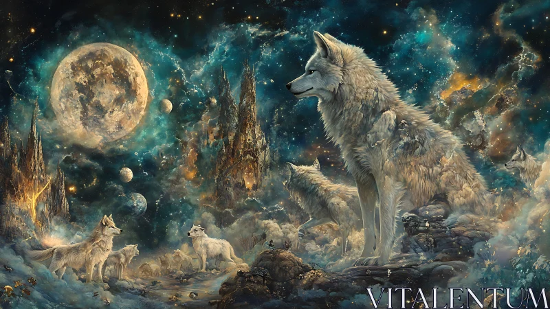 Celestial wolf pack guarding luminous cosmic moonlit realm.