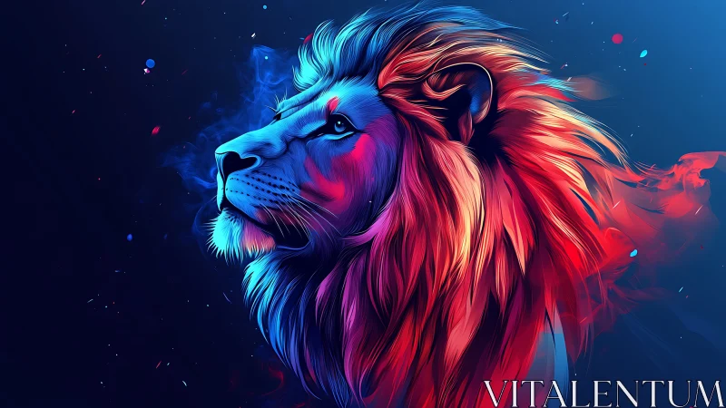 Neon mane monarch gazing into an electric midnight horizon.