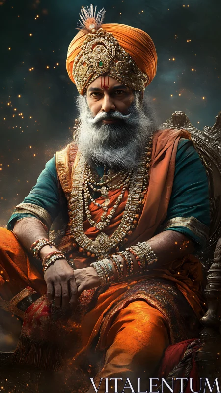 Regal bearded ruler in ornate turban rendered with hyper-detailed lighting