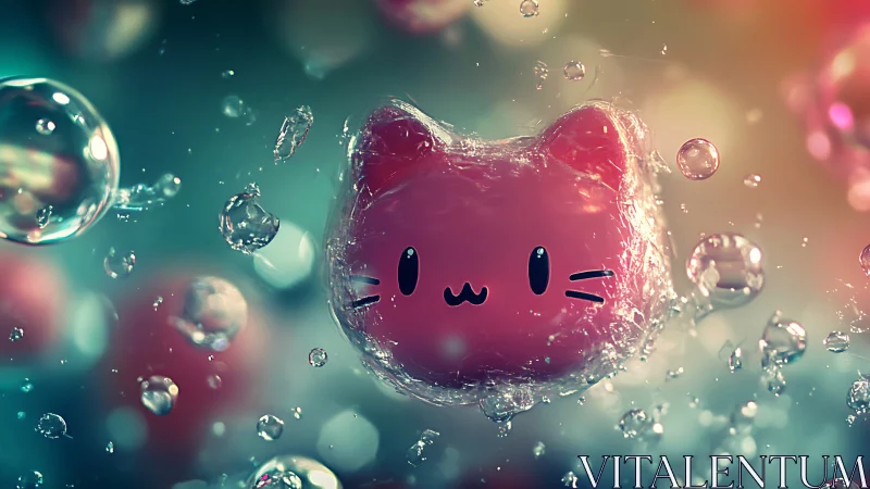 Pink Cat Head Suspended in Water with Bubbles
