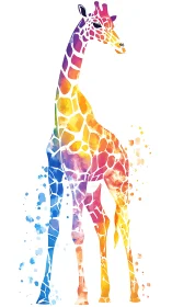 Rainbow watercolor giraffe silhouette with splatter accents.