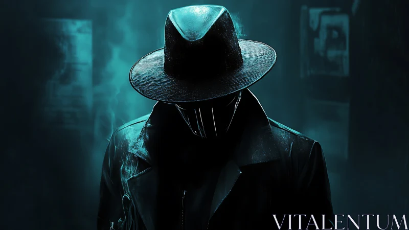 Cyber-noir figure in fedora rendered in teal backlit haze