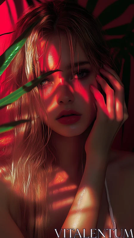 Portrait of woman under red filtered foliage light.