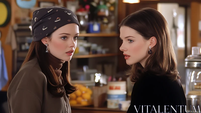 Two young women share an intense moment in a cozy café