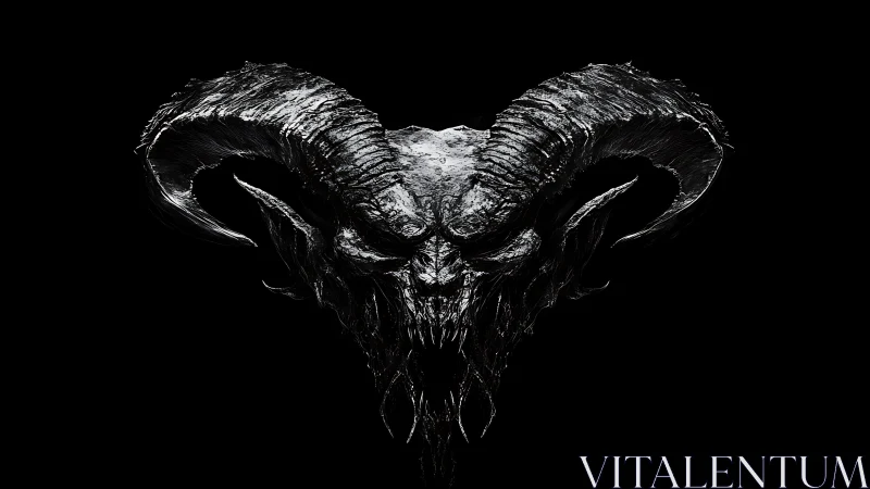 High-contrast demonic ram skull rendered in monochrome chiaroscuro