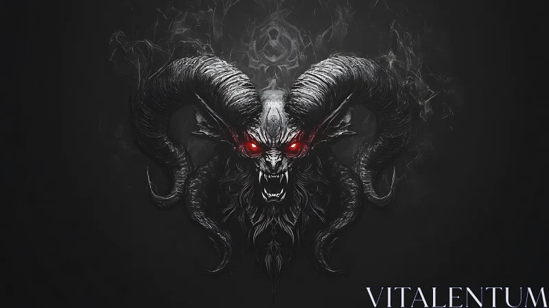 Glowing red-eyed demon skull emerges from swirling dark smoke