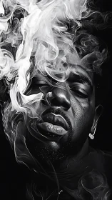 Smoky monochrome portrait engulfed in swirling haze.