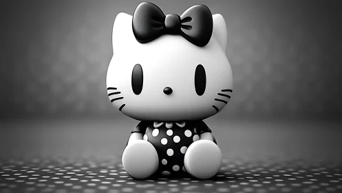 Monochrome chibi cat figurine with glossy 3D polka-dot dress shading