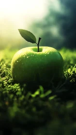 Green apple with leaf on grass under soft backlighting.