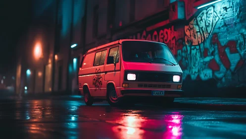 Graffiti van glows under neon lights on wet urban street