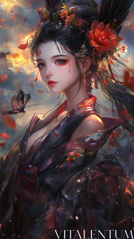 Elegant fantasy geisha portrait with red flowers and sky.