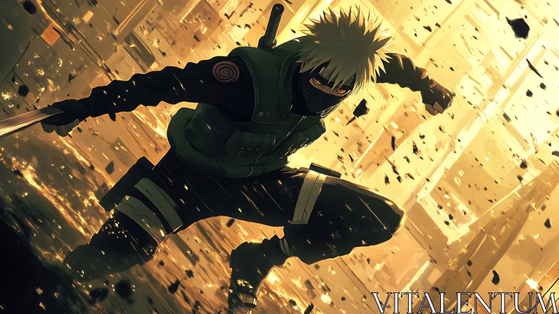 Dynamic masked warrior leaps through glowing shattered city