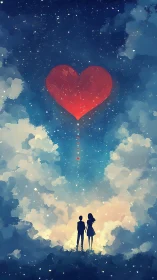 Two souls gazing at a luminous red heart among starlit clouds