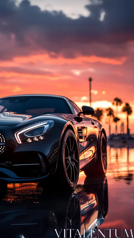 Black sports car on wet pavement at vivid sunset.