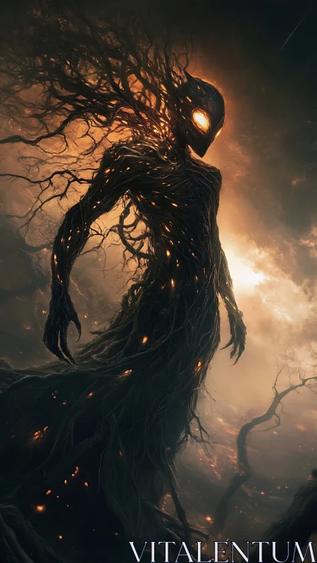 Rooted humanoid figure with ember-like core in dusk landscape.