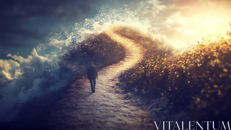 Solitary figure walking path between sea and glowing field.