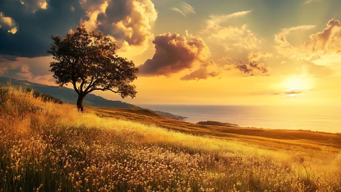 Solitary hillside tree above coastal plain at sunset.