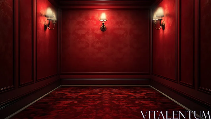 Narrow red interior room shows three lit wall sconces