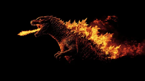 Fiery kaiju silhouette breathes flame against black void