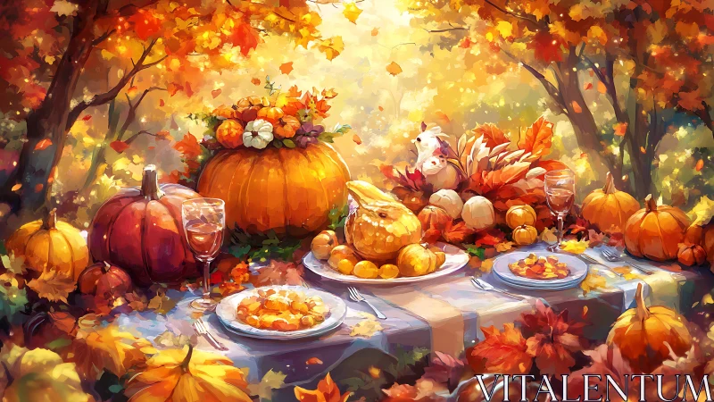Luminous autumn feast table amid glowing pumpkin garden.