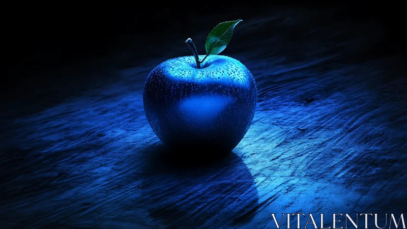 Iridescent blue apple in dramatic low key cinematic lighting.