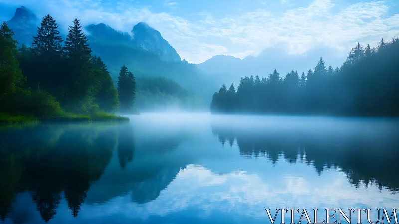 Mountain lake reflects tree line in low morning mist