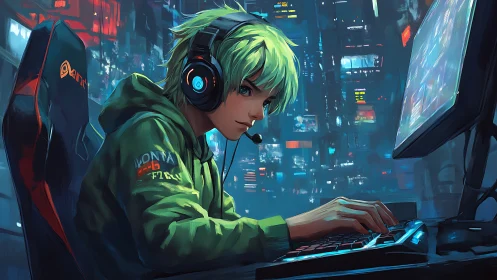 Neon city gamer locked into a late night digital adventure.