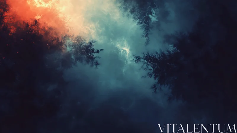 Forested silhouettes under teal storm sky with ember glow.