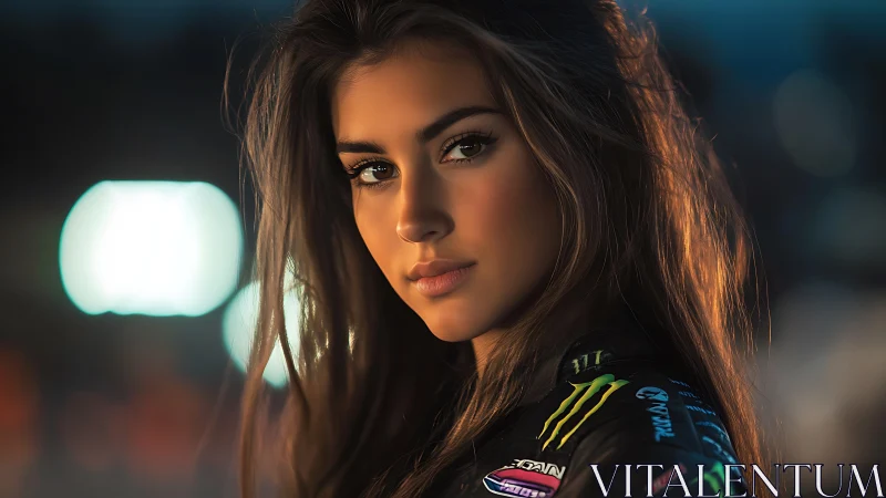 Portrait of motorsport woman under soft evening track lights