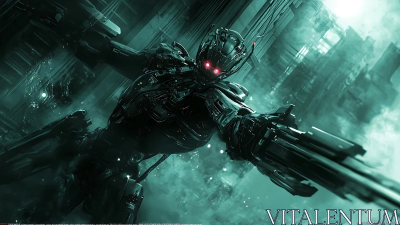 Neon war machine lunges forward through vaporous steel canyons