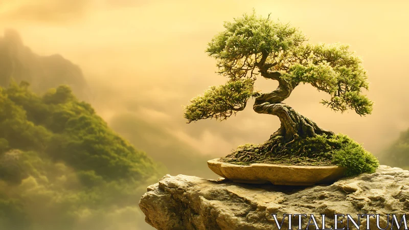Bonsai tree crowns misty canyon under golden sunset sky.