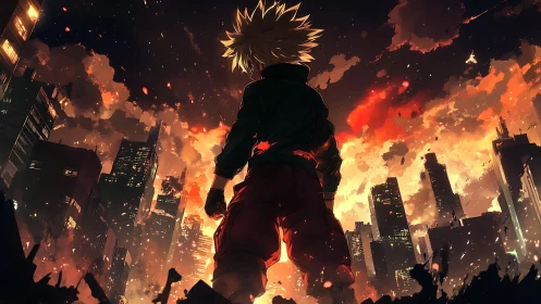Lone anime hero stands strong over a burning city skyline.