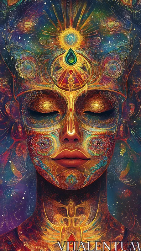 Celestial dreamer wrapped in glowing cosmic mandalas.