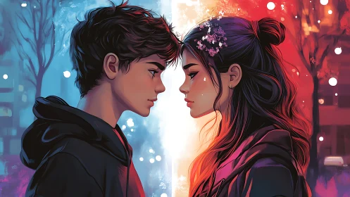 Two Figures in Neon Contrast: Digital Romance Illustration.