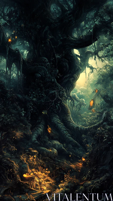 Bioluminescent arboreal colossus in nocturnal forest core.