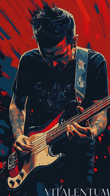 Rock bassist plays electric guitar with intense stage focus