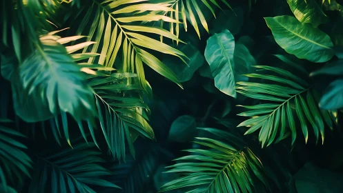 High-contrast tropical foliage with directional rim lighting