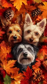 Trio of small dogs nestled in vivid autumn foliage.