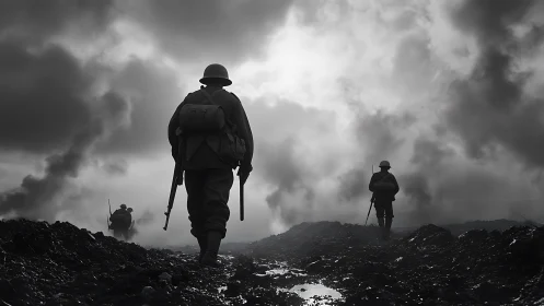 World War I soldiers advance through smoke-shrouded battlefield.
