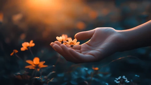 Hand holding small orange flowers in low warm light.