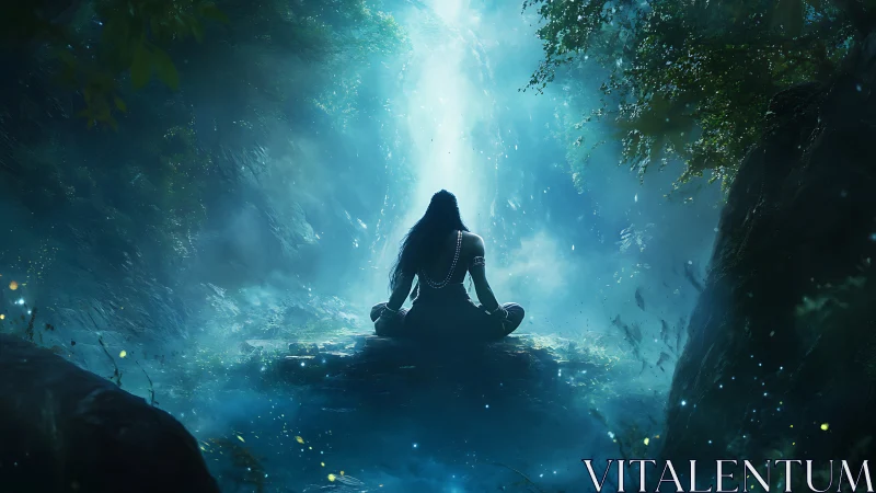 Mystic meditator bathing in a moonlit forest cascade of hush.