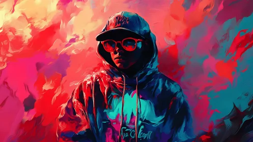 Neon hooded dreamwalker in a storm of electric paint.