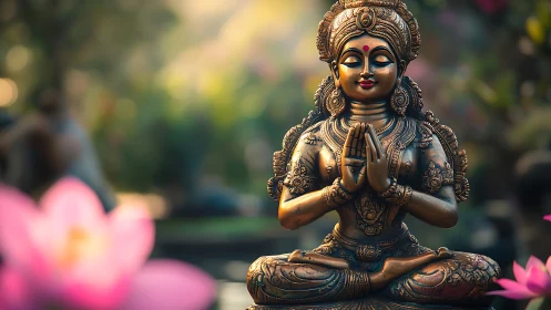 Bronze yogic deity sculpture amid defocused lotus bokeh field.